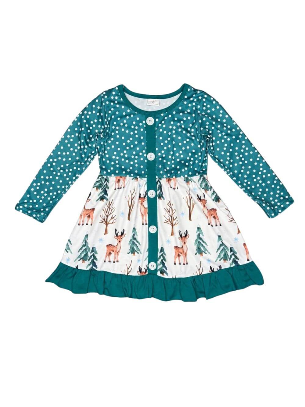 Girls winter deer dress with green polka dot bodice and ruffle hem on white background