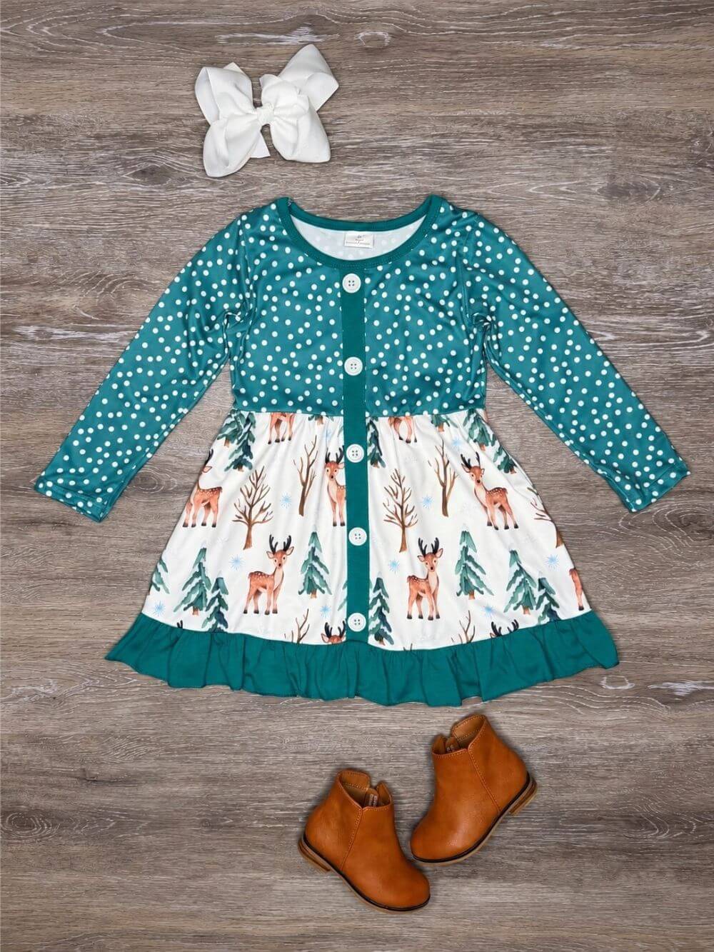 Winter Deer Girls Long Sleeve Ruffle Hem Dress