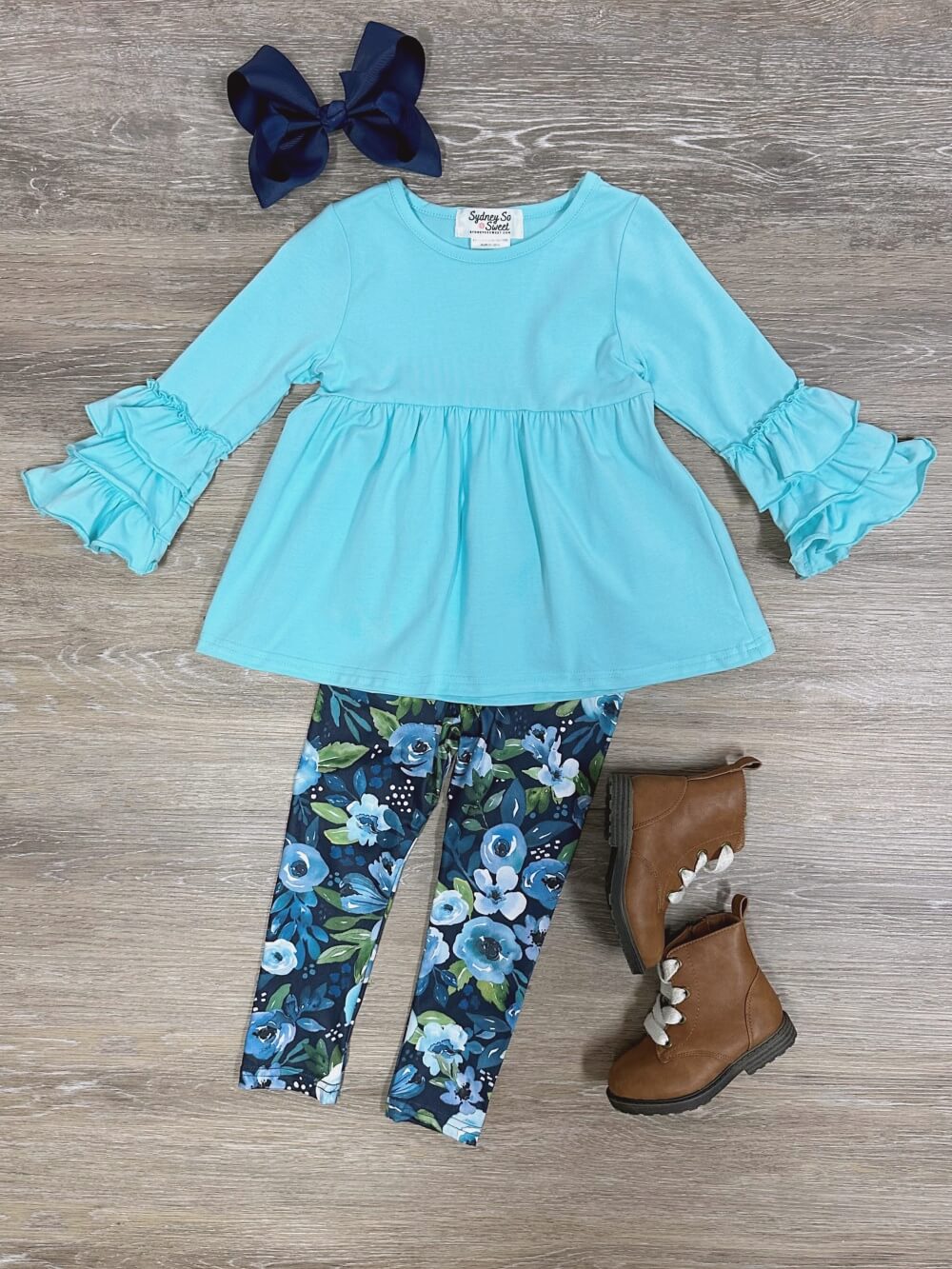 Winter Floral Light Blue Ruffle Sleeve Top &amp; Leggings Outfit - Sydney So Sweet