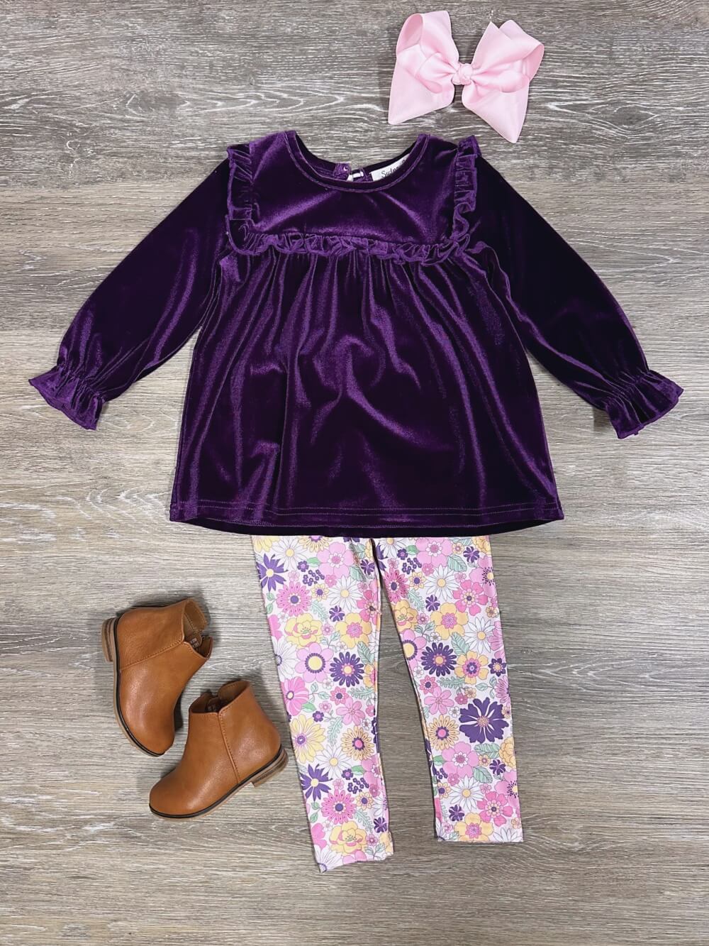 Winter Floral Purple Velvet Top &amp; Leggings Girls Outfit - Sydney So Sweet