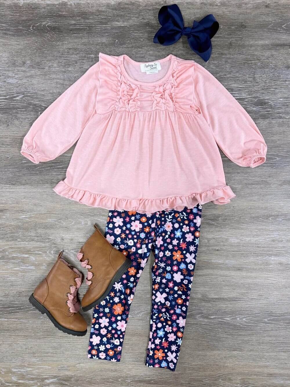 Winter Garden Pink &amp; Blue Girls Tunic Top &amp; Leggings Outfit - Sydney So Sweet