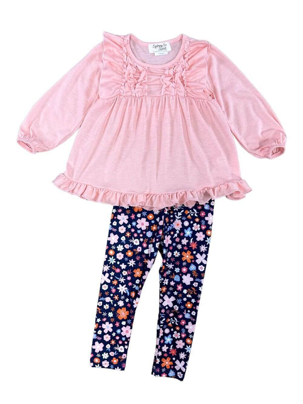 Flower Cow Ruffle Top & Leggings Girls 2 Piece Outfit