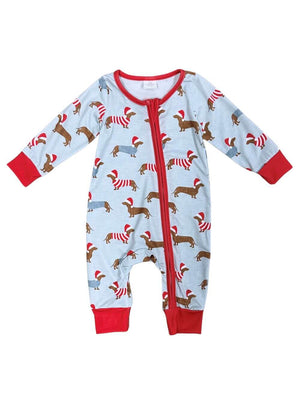 Winter Weiner Dog Blue Baby Zip Up Sleeper - Sydney So Sweet