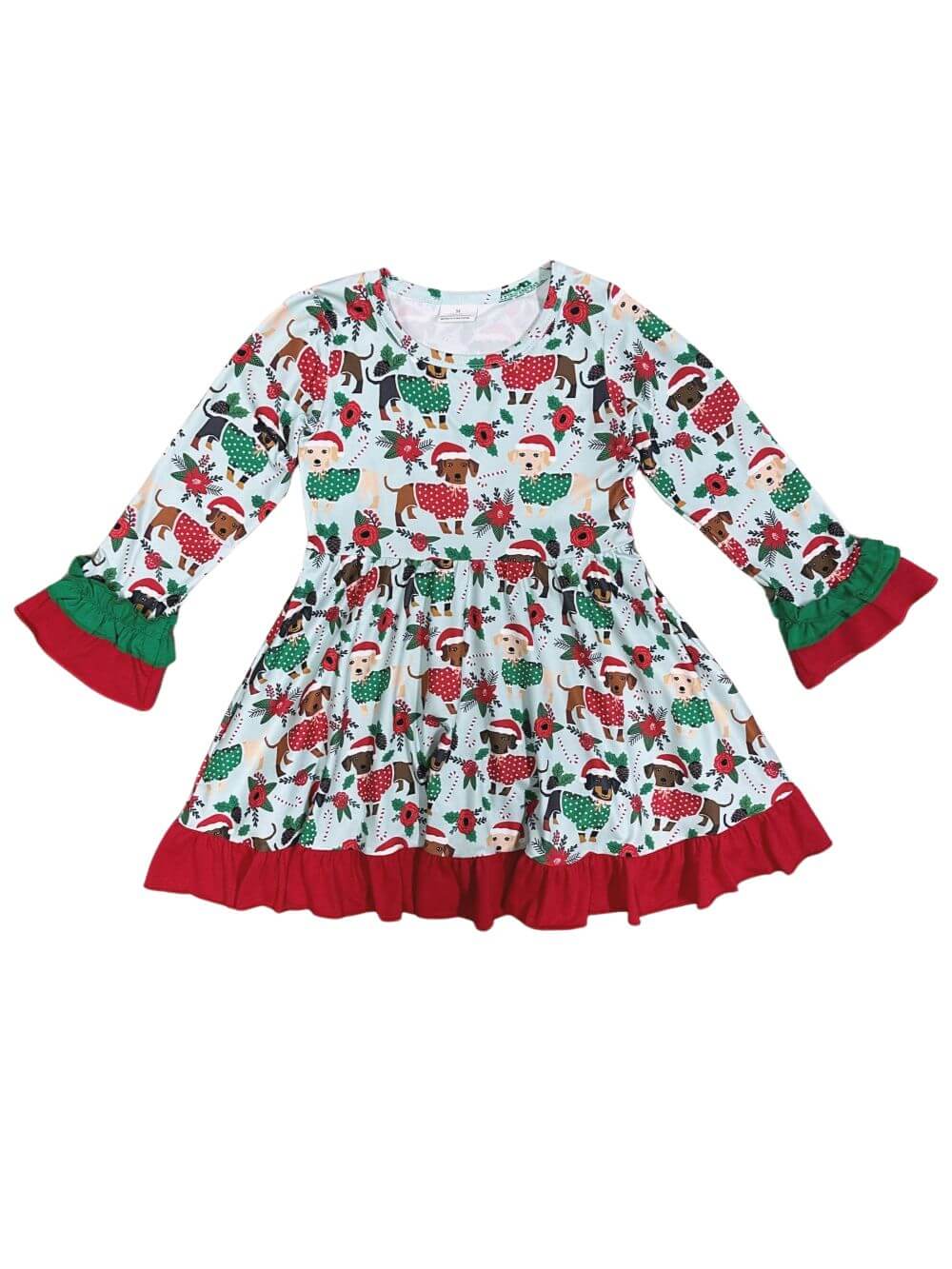 Winter Weiner Dog Girls Ruffle Trim Christmas Twirl Dress - Sydney So Sweet