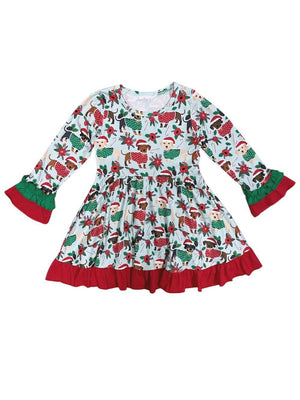 Winter Weiner Dog Girls Ruffle Trim Christmas Twirl Dress