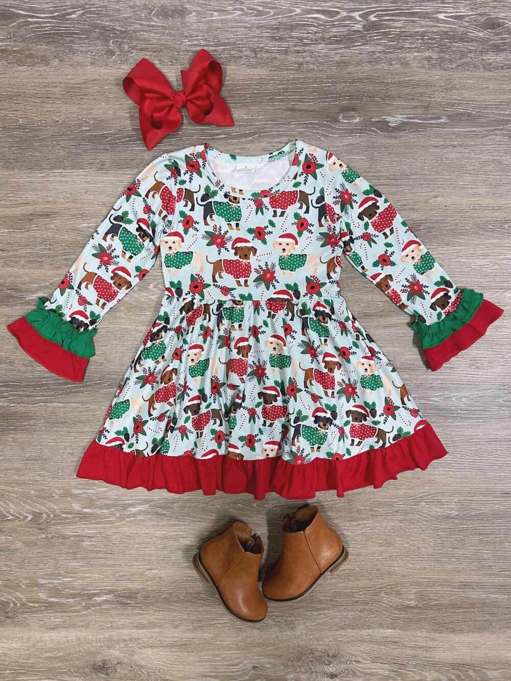 Winter Weiner Dog Girls Ruffle Trim Christmas Twirl Dress - Sydney So Sweet