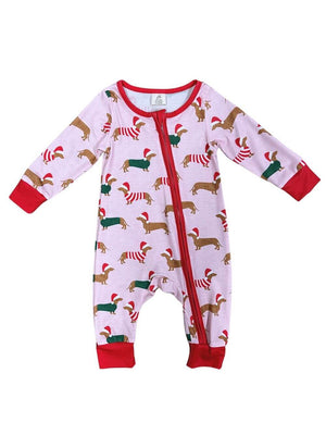 Winter Weiner Dog Pink Baby Zip Up Sleeper - Sydney So Sweet