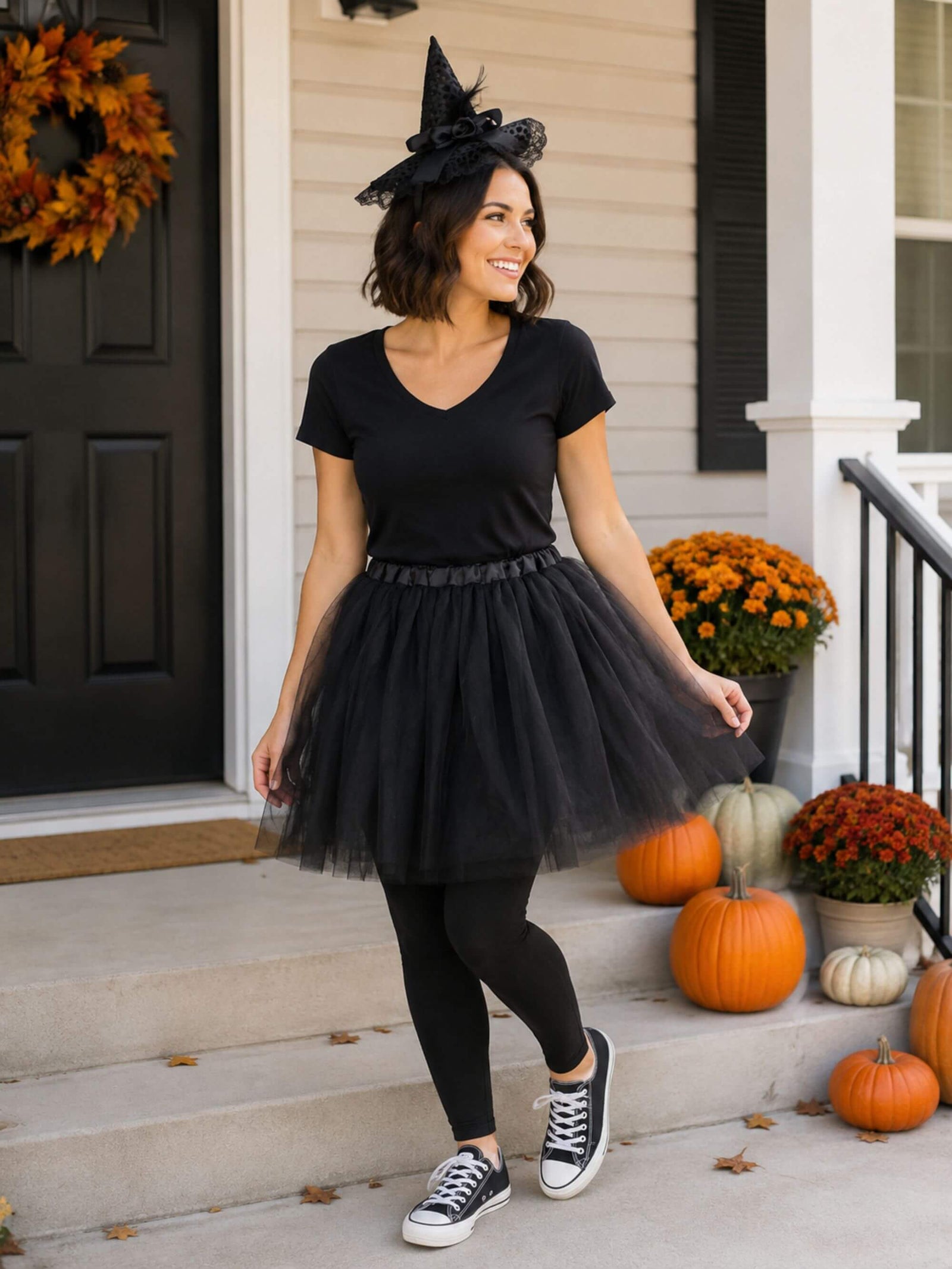 Women's Classic Black Witch Costume Set for Adults & Plus Size – Tutu Skirt & Headband Hat – Spellbinding Outfit for Halloween & Cosplay
