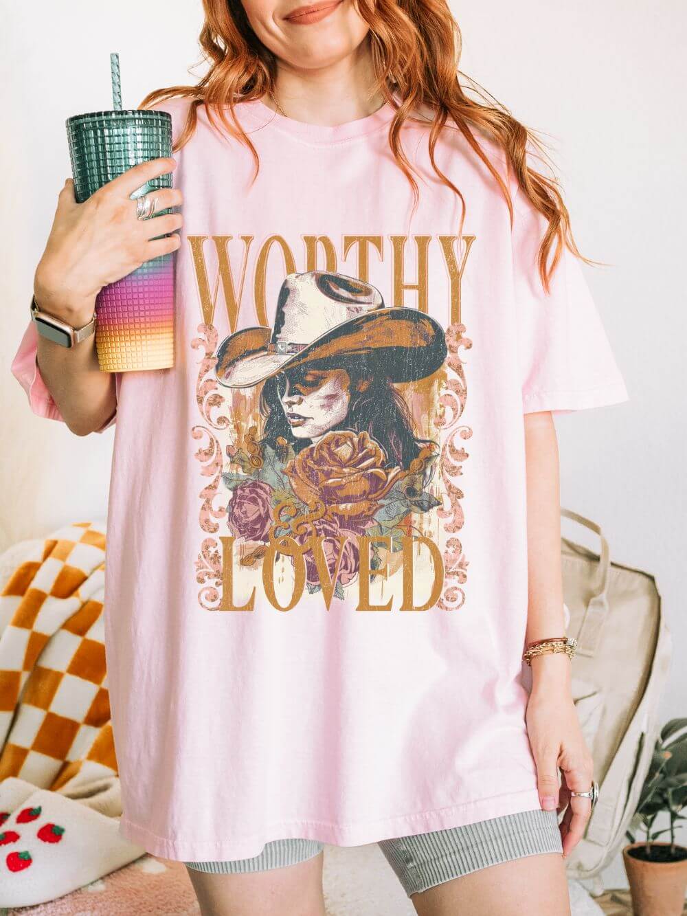 Worthy & Loved Graphic Tee Vintage Cowgirl Floral Distressed T-Shirt