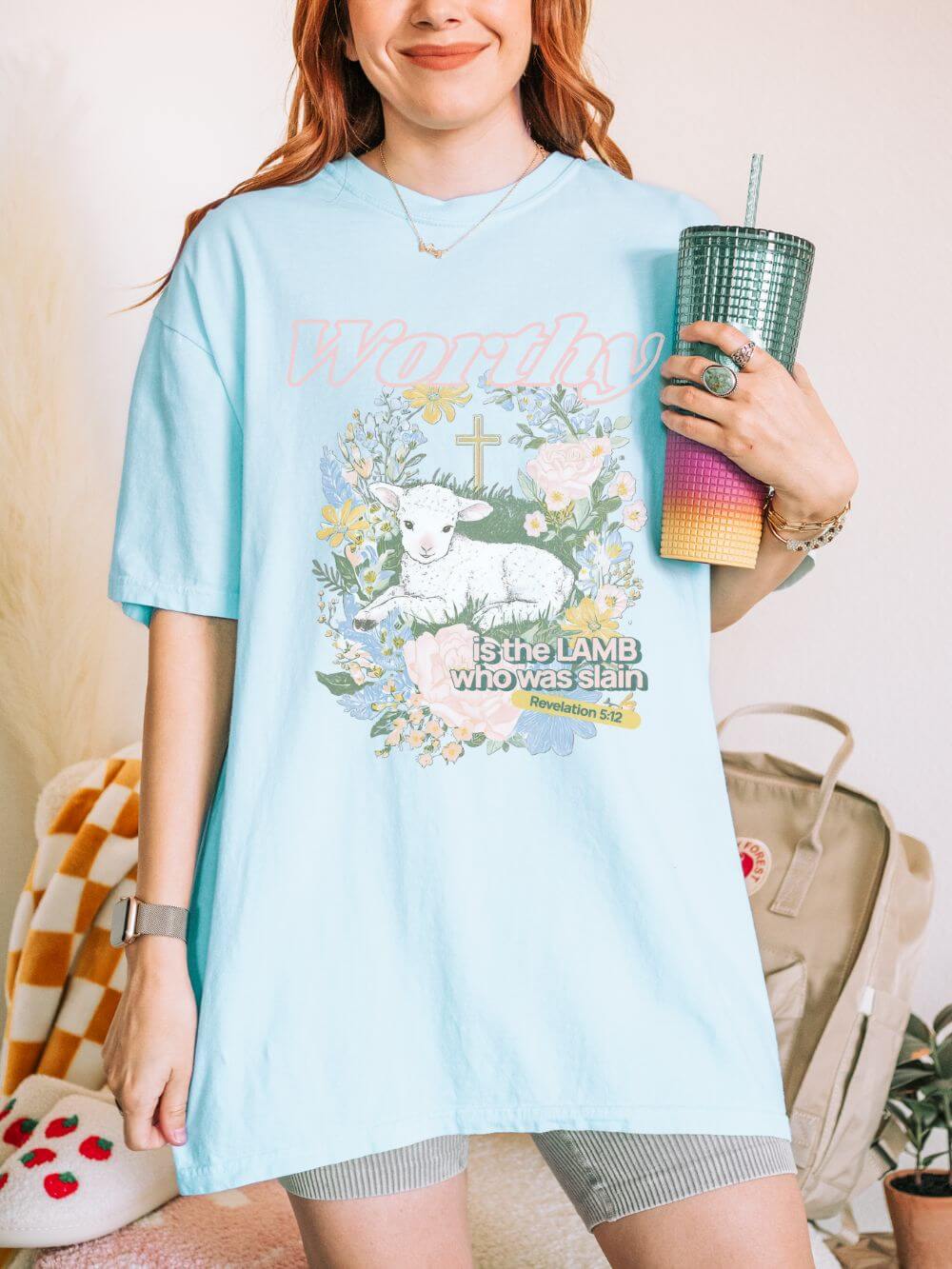 Worthy is the Lamb Who Was Slain Floral Easter Graphic Distressed T-Shirt Christian Tee