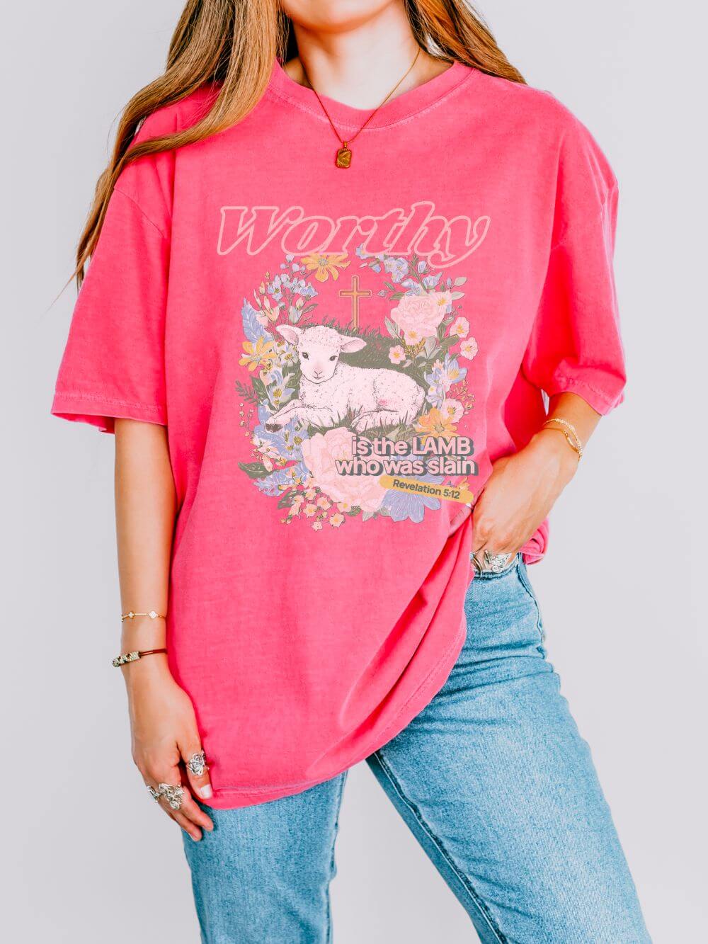 Worthy is the Lamb Who Was Slain Floral Easter Graphic Distressed T-Shirt Christian Tee