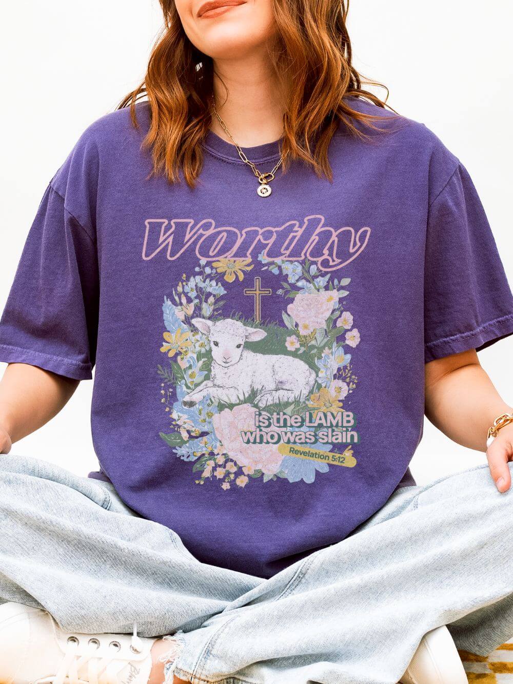 Worthy is the Lamb Who Was Slain Floral Easter Graphic Distressed T-Shirt Christian Tee
