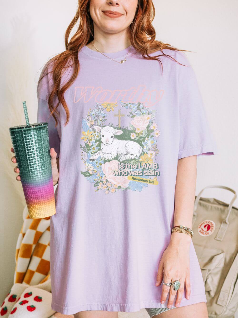 Worthy is the Lamb Who Was Slain Floral Easter Graphic Distressed T-Shirt Christian Tee