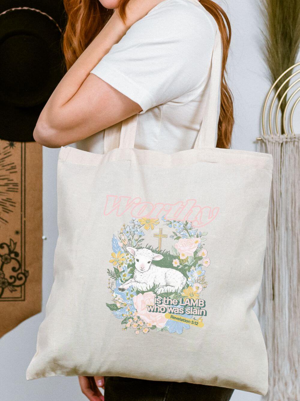 Worthy is the Lamb Floral Cotton Canvas Tote Christian Easter Market Bag