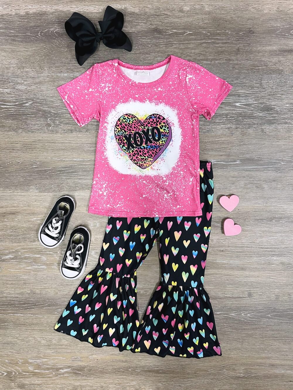 XOXO Hot Pink Acid Wash Top &amp; Black Heart Bell Bottoms Outfit - Sydney So Sweet