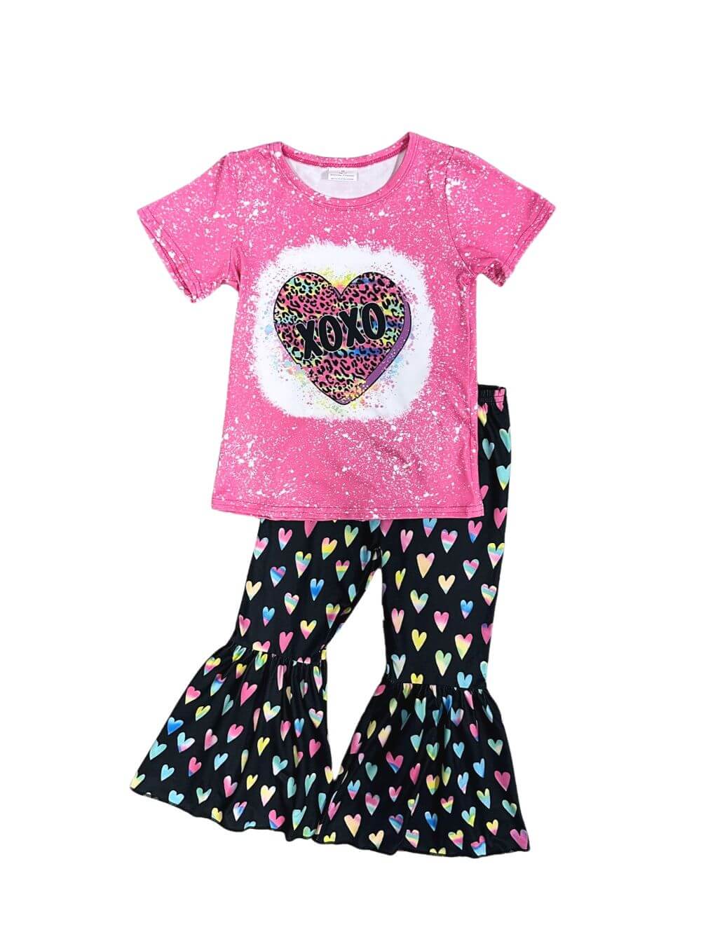 XOXO Hot Pink Acid Wash Top & Black Heart Bell Bottoms Outfit - Sydney So Sweet