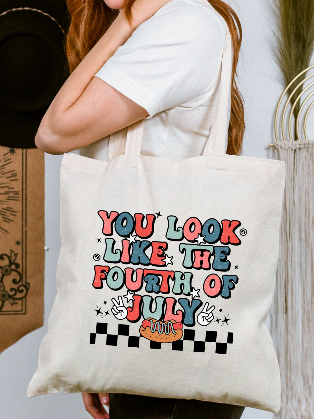 You Look Like the Fourth of July Hot Dog Retro Patriotic Canvas Tote Bag