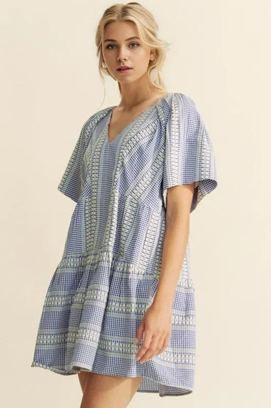 Davi & Dani Embroidered Stripe Ruffled Gingham Mini Dress - Sydney So Sweet