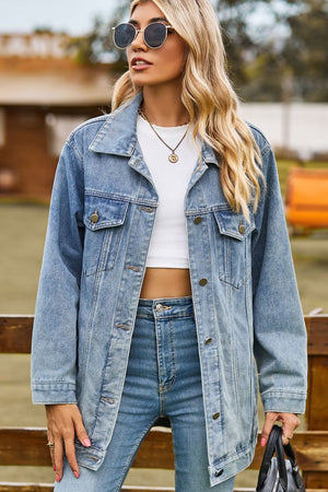 Buttoned Collared Neck Denim Jacket with Pockets - Sydney So Sweet