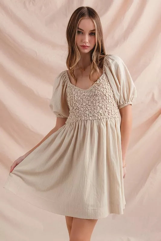 SO ME Textured Woven Daily Dress with Puff Sleeves - Sydney So Sweet