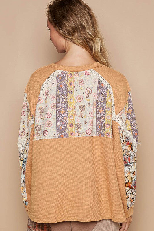 POL Waffle-Knit Lace Detail Round Neck Top - Sydney So Sweet