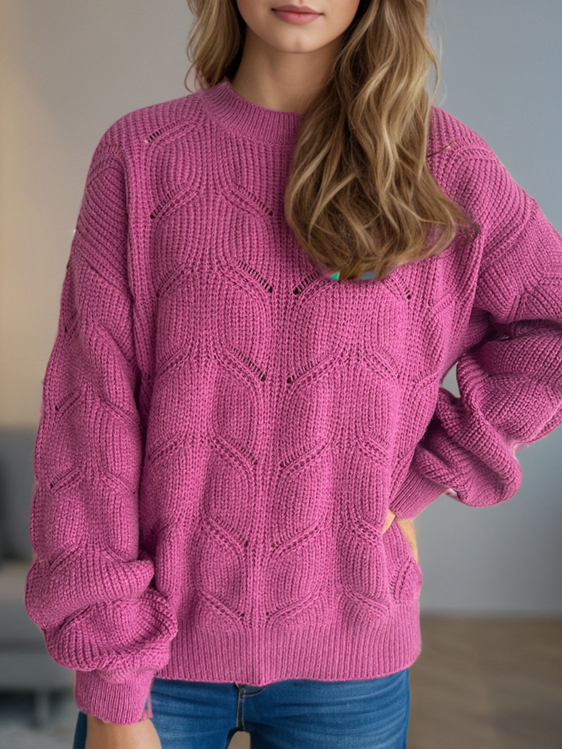 Openwork Round Neck Dropped Shoulder Sweater - Sydney So Sweet