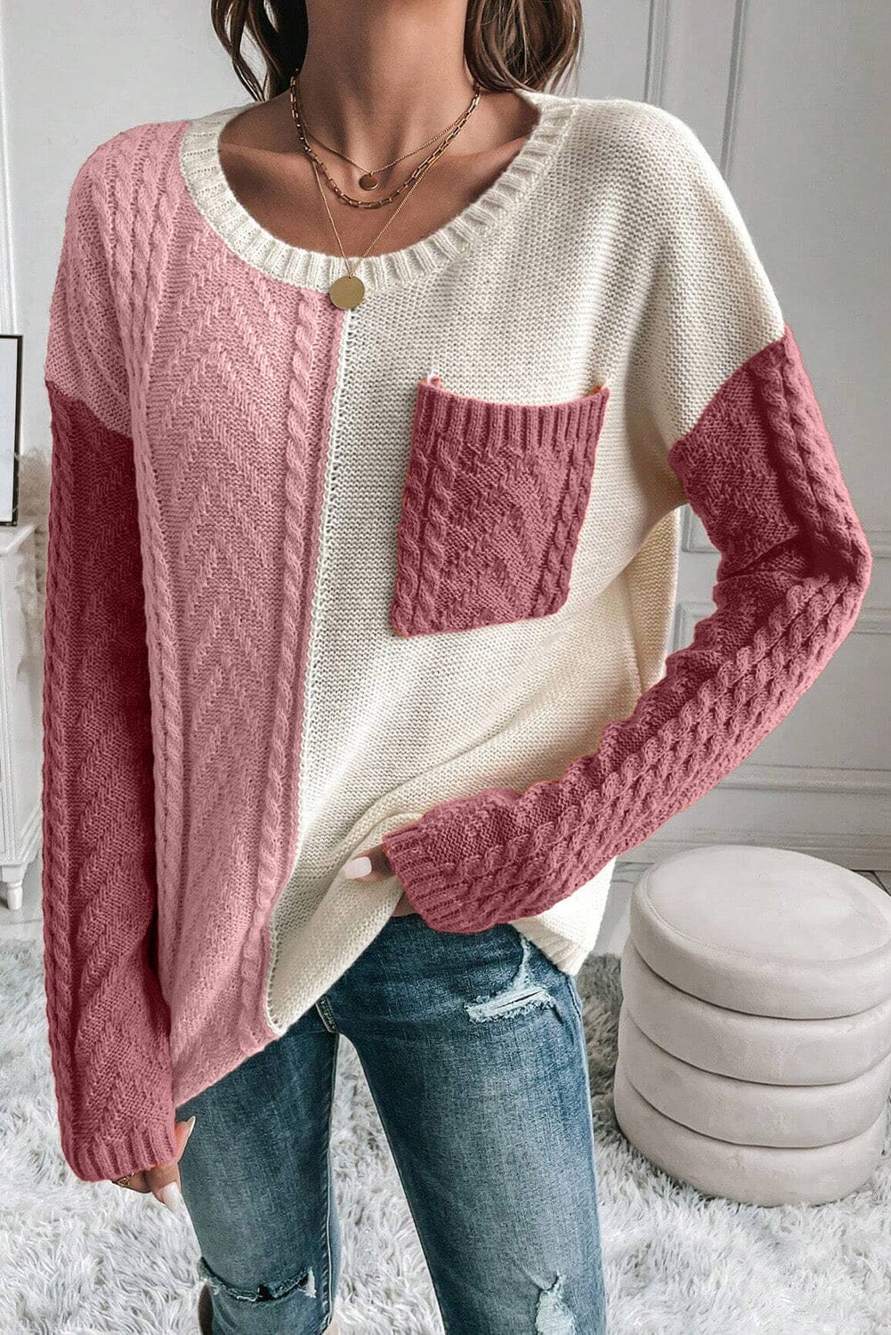 Color Block Round Neck Long Sleeve Sweater - Sydney So Sweet