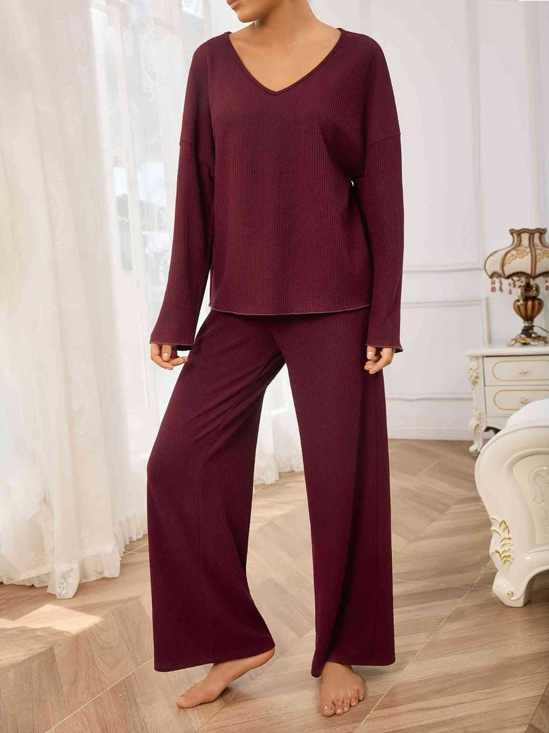 V-Neck Long Sleeve Top and Wide Leg Pants Set - Sydney So Sweet