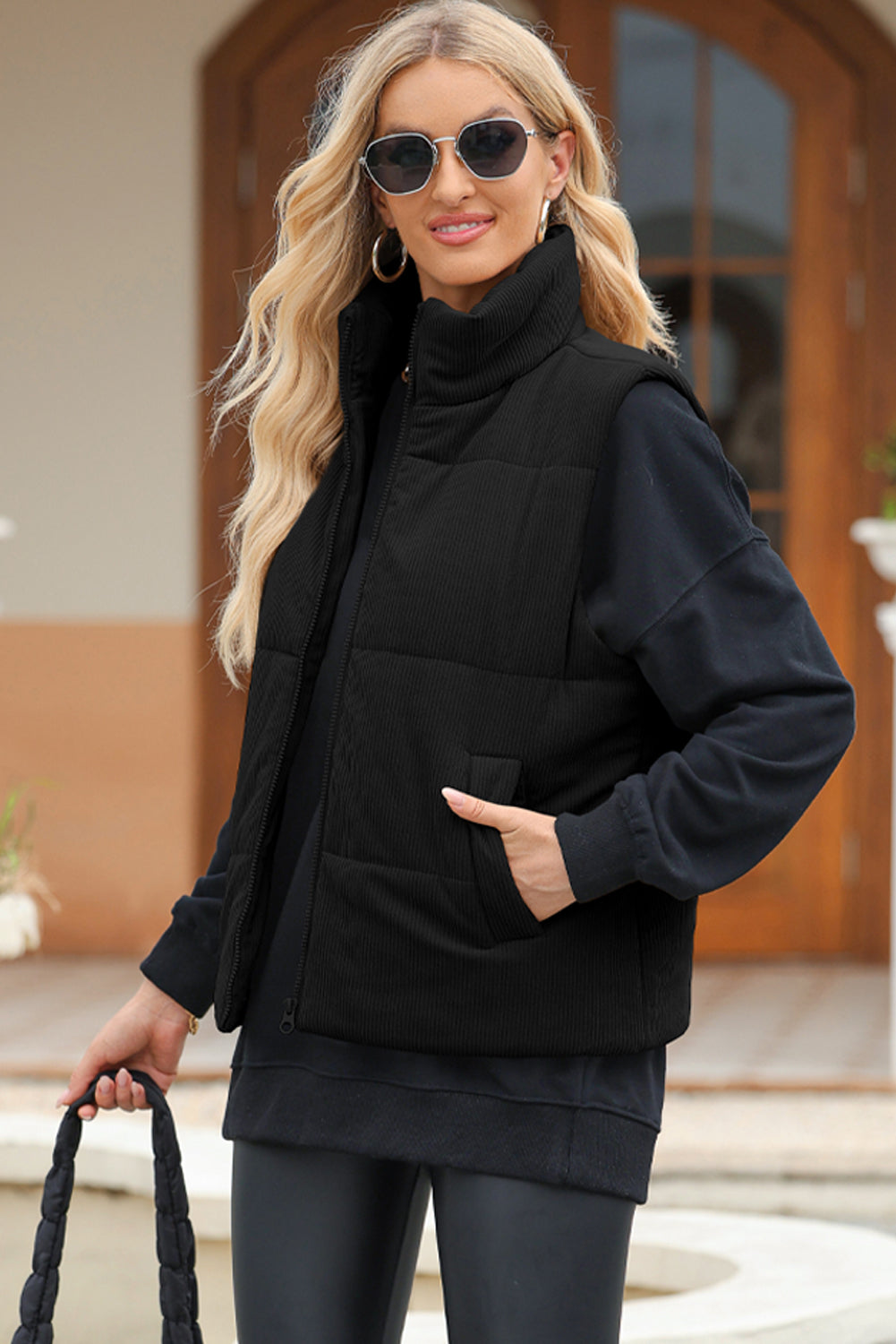 Pocketed Zip Up Turtleneck Vest Coat - Sydney So Sweet