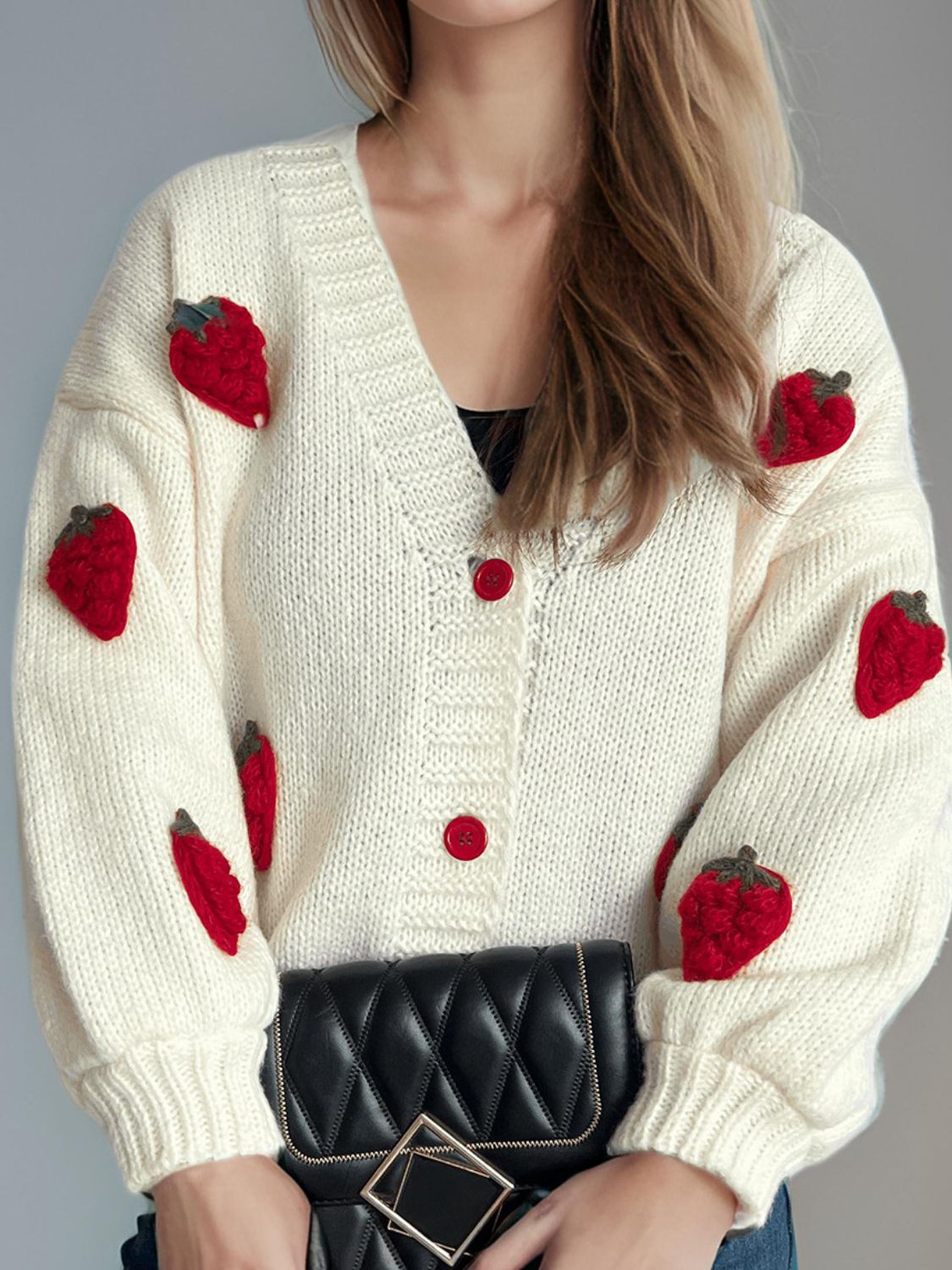 Crochet Strawberry V-Neck Long Sleeve Cardigan - Sydney So Sweet