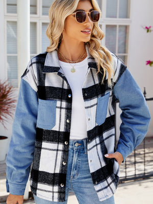 Pocketed Plaid Snap Down Denim Jacket - Sydney So Sweet