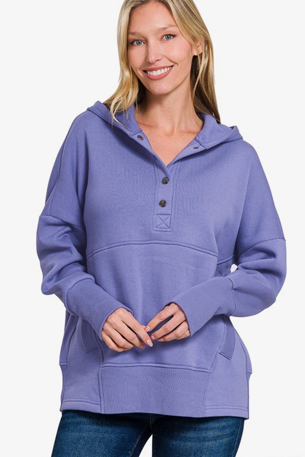 Zenana Half Snap Long Sleeve Hoodie with Kangaroo Pocket - Sydney So Sweet