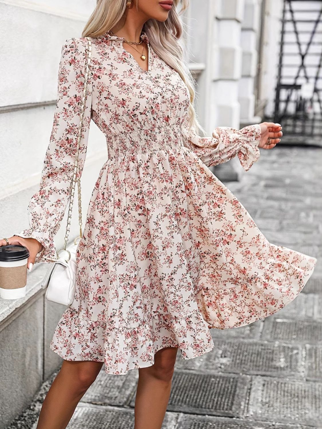 Ruffle Hem Floral Surplice Long Sleeve Dress - Sydney So Sweet