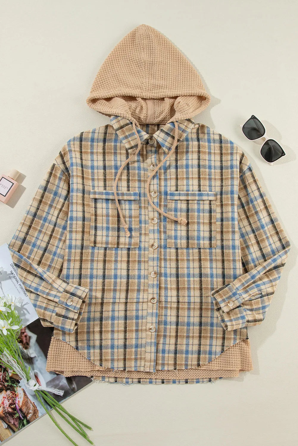 Drawstring Plaid Button Up Hooded Shacket - Sydney So Sweet