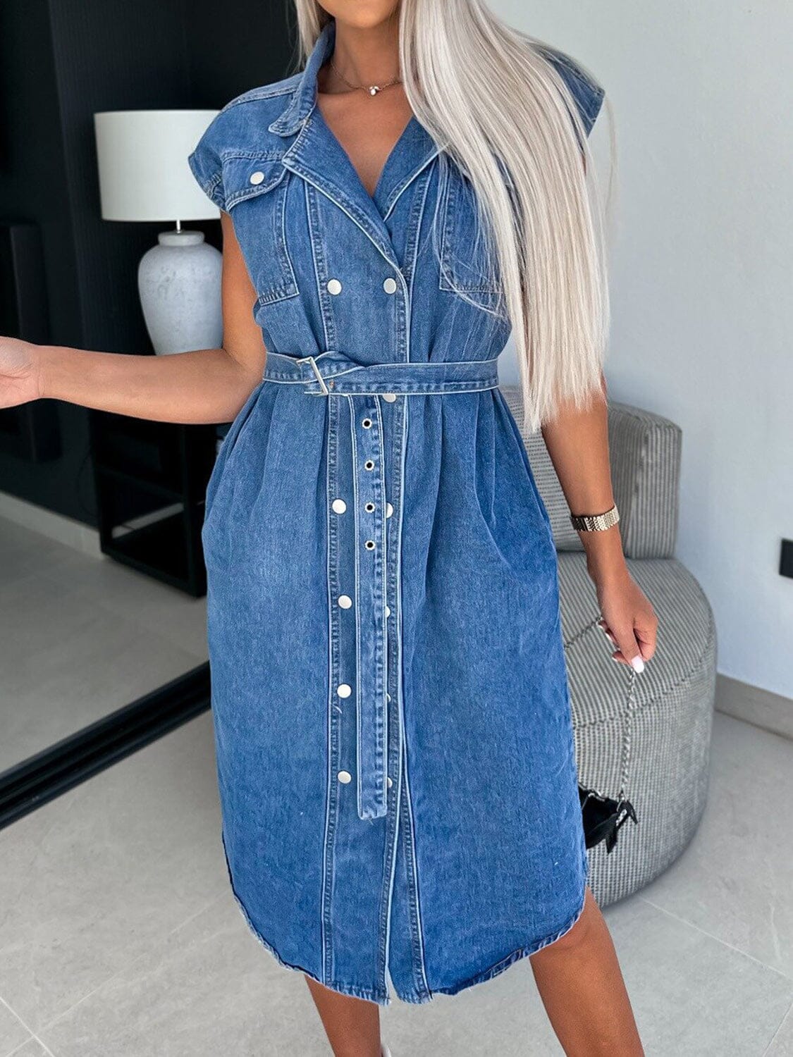 Collared Neck Cap Sleeve Denim Dress - Sydney So Sweet