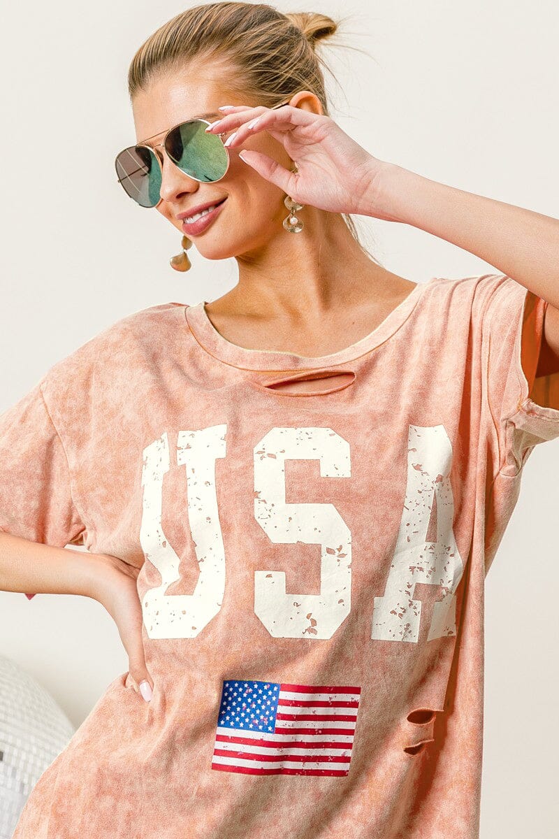 Washed American Flag Graphic Distressed T-Shirt - Sydney So Sweet