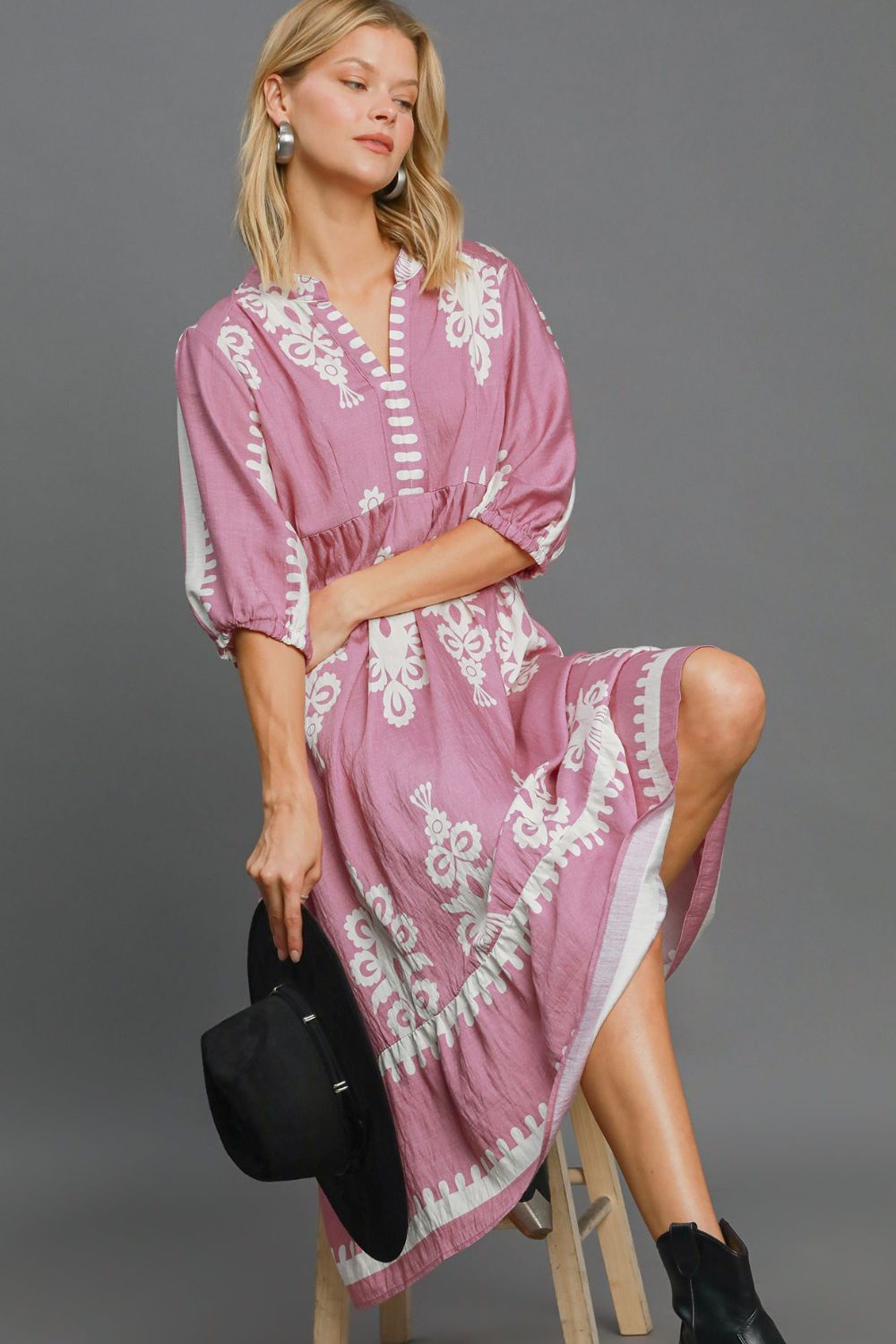 Umgee Printed Notched Midi Dress - Sydney So Sweet