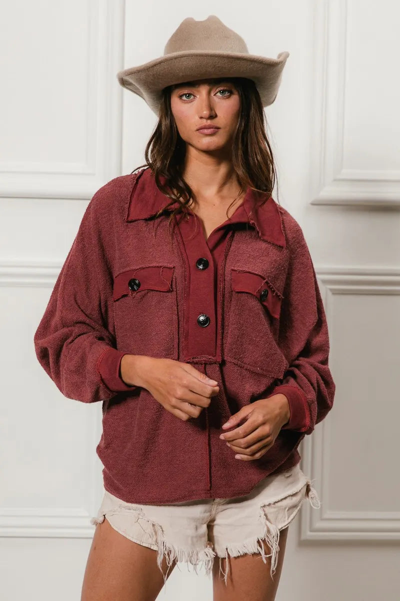 BiBi Cp French Terry Cut Edge Detail Collared Top - Sydney So Sweet