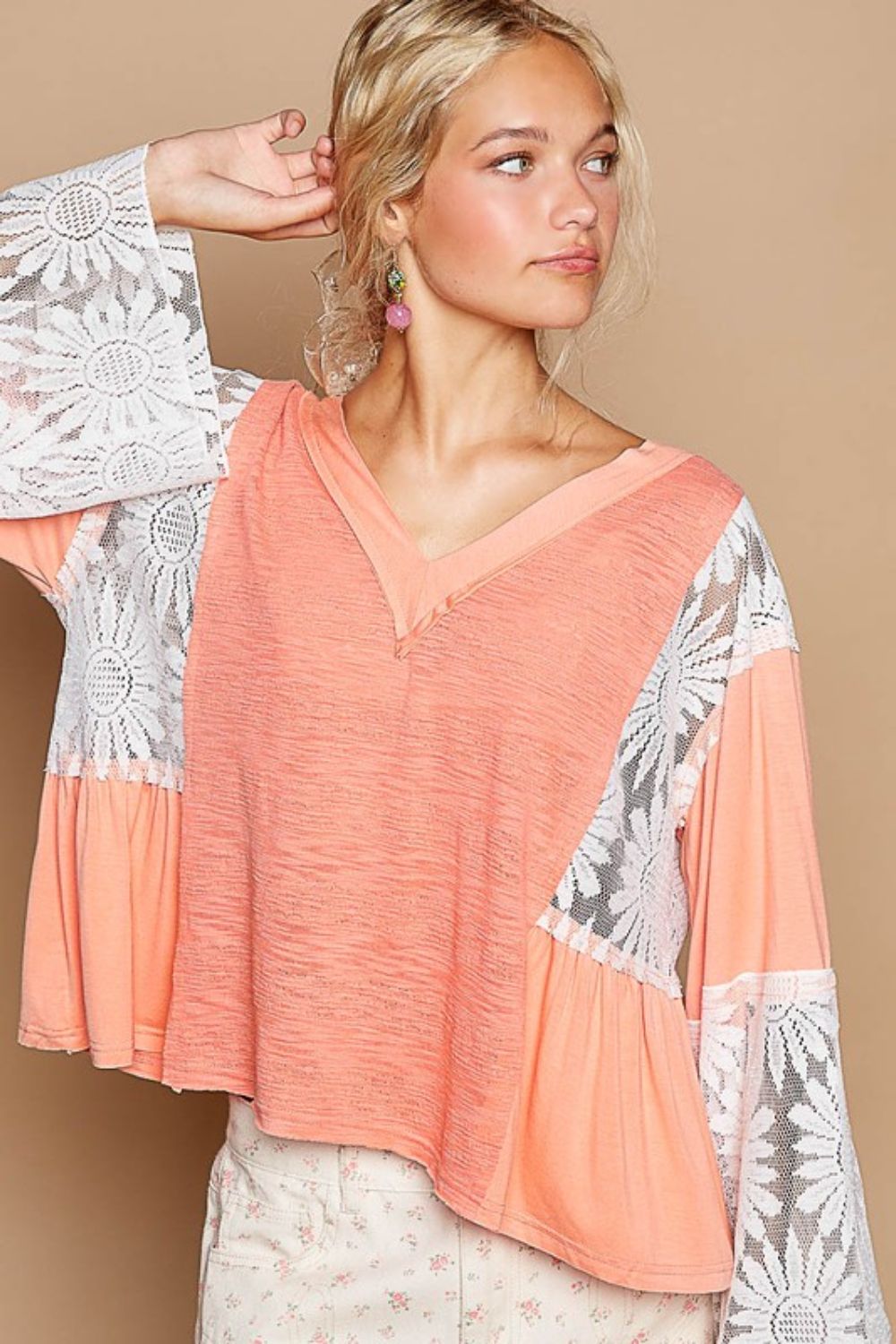 POL Lace Detail V-Neck Flare Sleeve Blouse - Sydney So Sweet