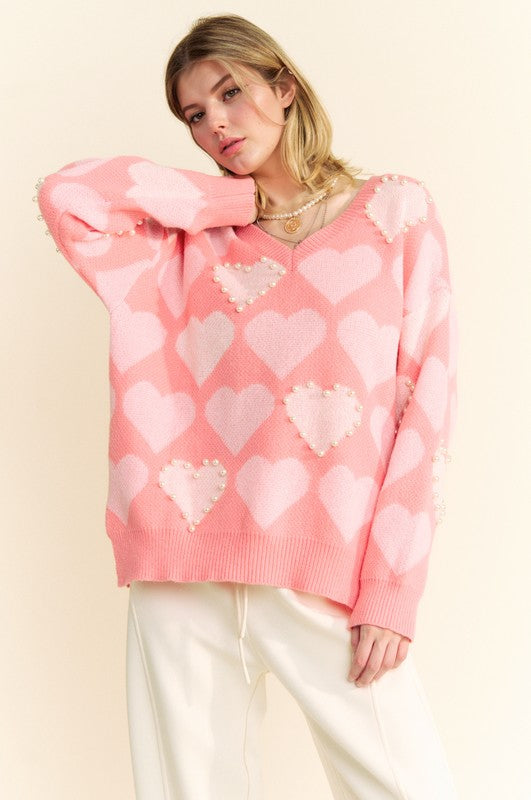 Davi &amp; Dani Heart Pearl Side Slit V Neck Sweater - Sydney So Sweet