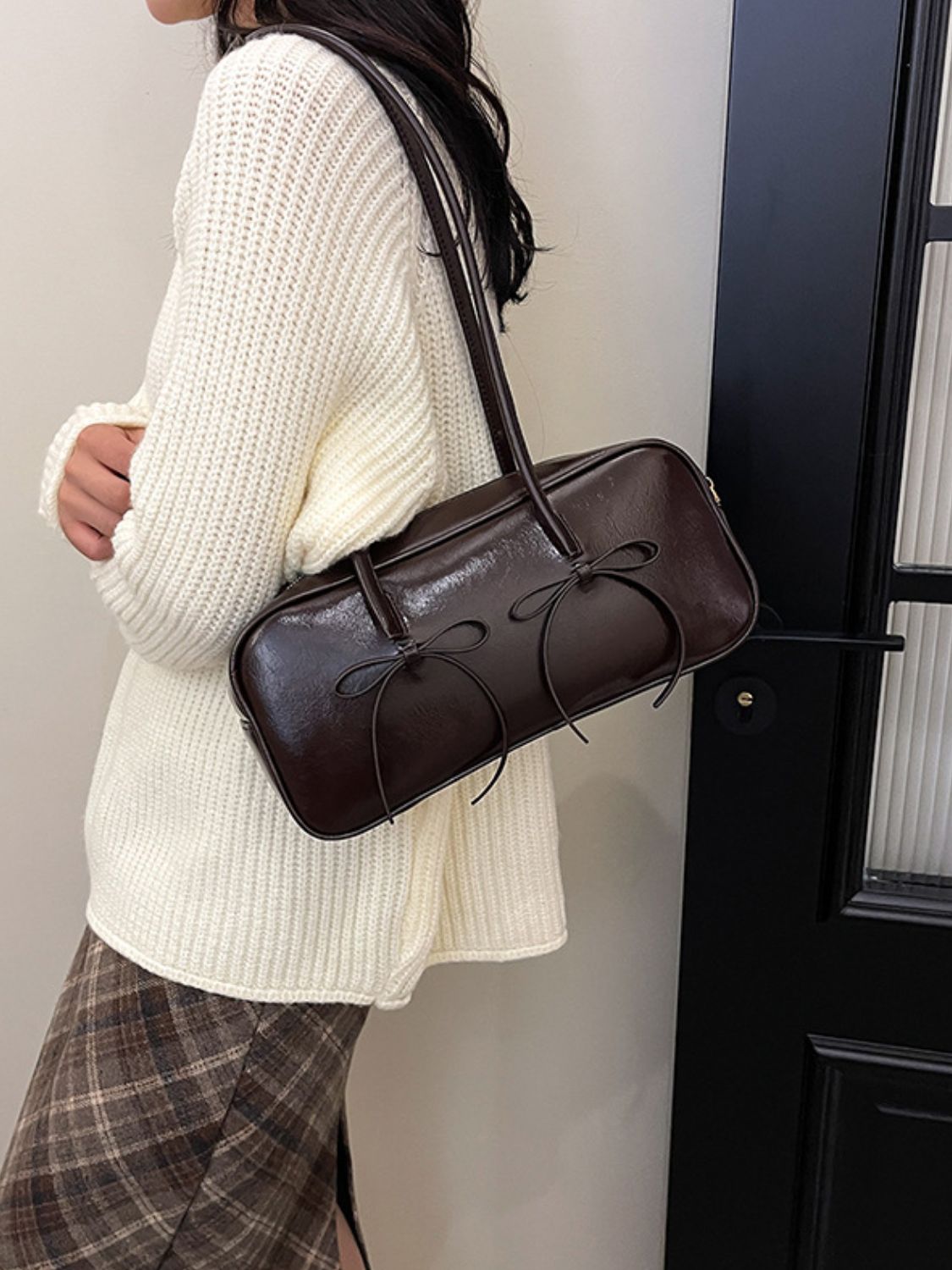 PU Leather Bow Trim Shoulder Bag - Sydney So Sweet