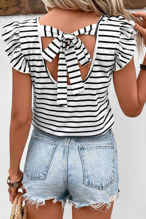 Tied Striped V-Neck Cap Sleeve T-Shirt - Sydney So Sweet