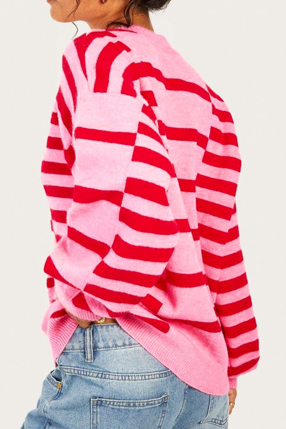 Striped Round Neck Dropped Shoulder Sweater - Sydney So Sweet