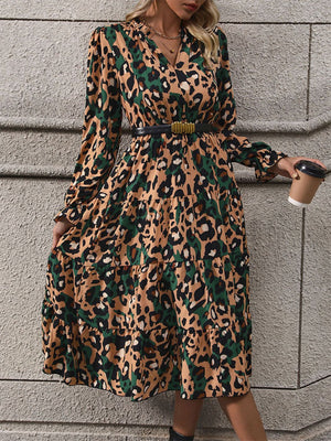 Leopard Notched Flounce Sleeve Midi Dress - Sydney So Sweet