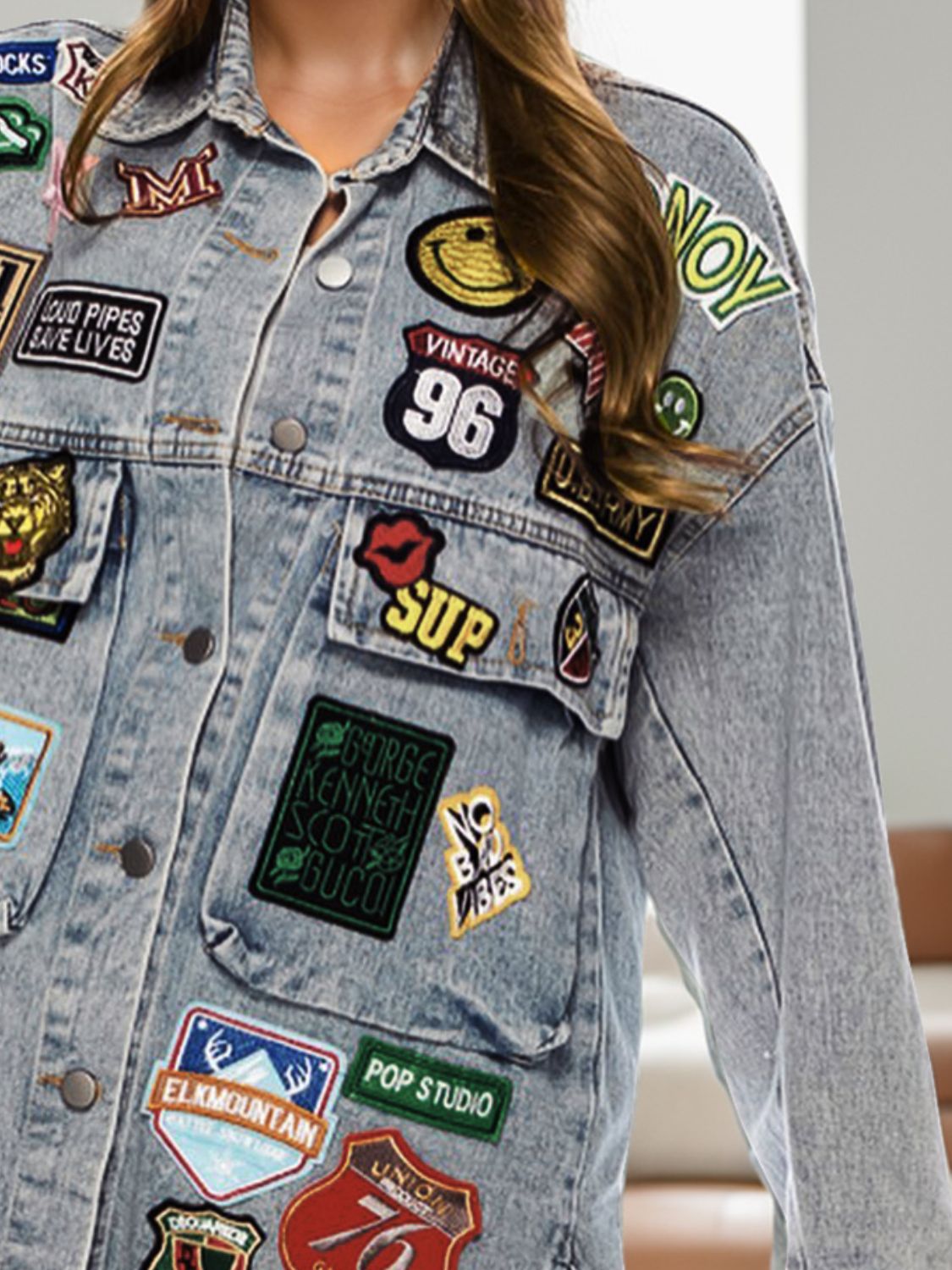 Embroidered Patch Button Up Long Sleeve Denim Jacket - Sydney So Sweet