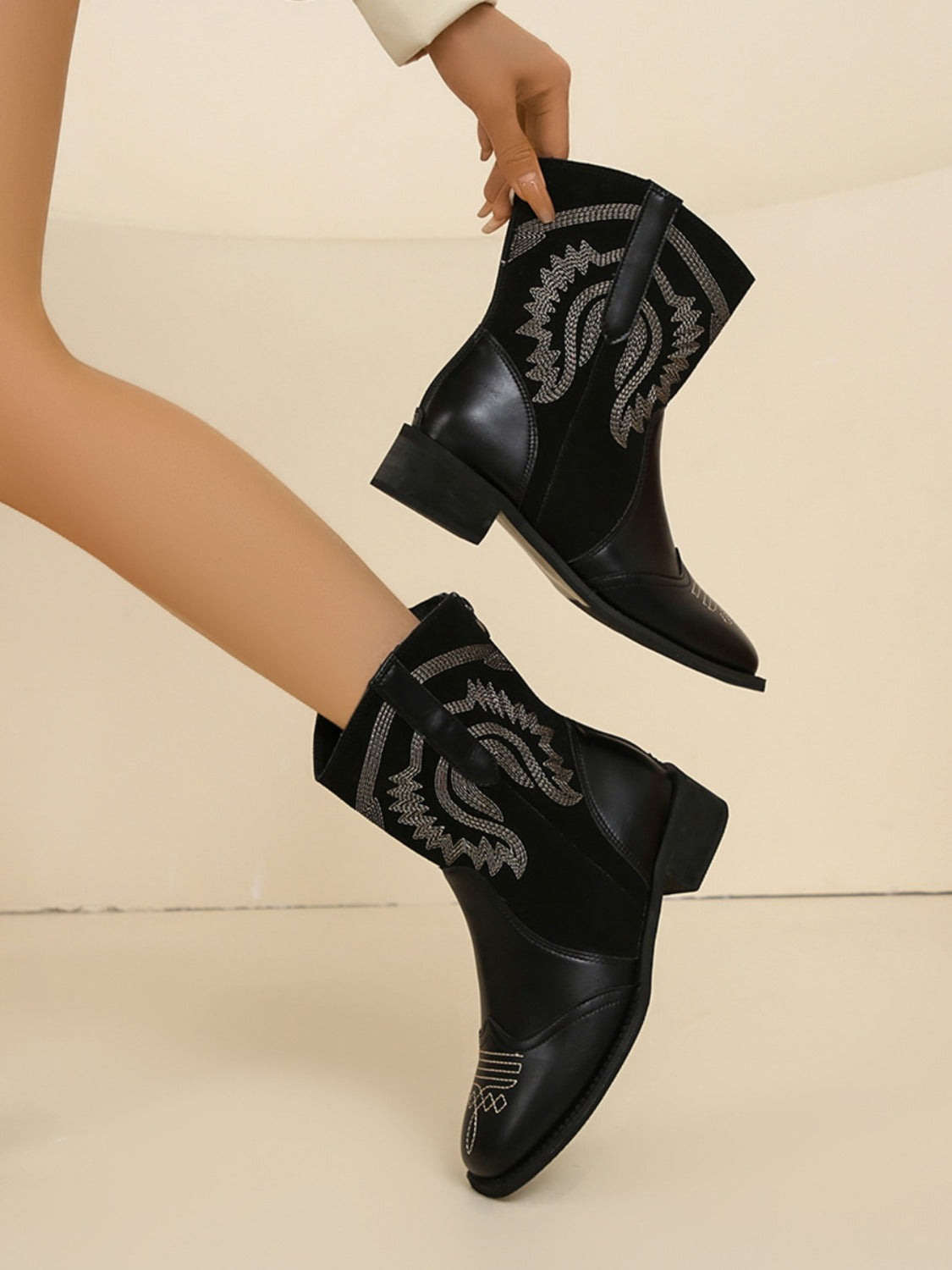 Embroidered PU Leather Block Heel Boots - Sydney So Sweet