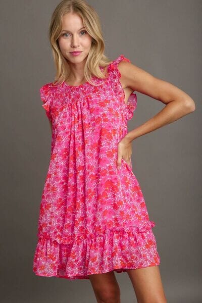 Umgee Full Size Smocked Detail Floral Metallic Ruffle Cap Sleeve Dress Plus Size - Sydney So Sweet