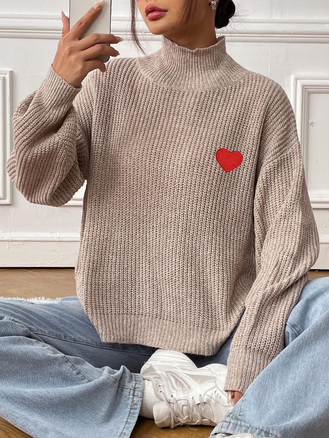 Heart Turtleneck Dropped Shoulder Long Sleeve Sweater - Sydney So Sweet