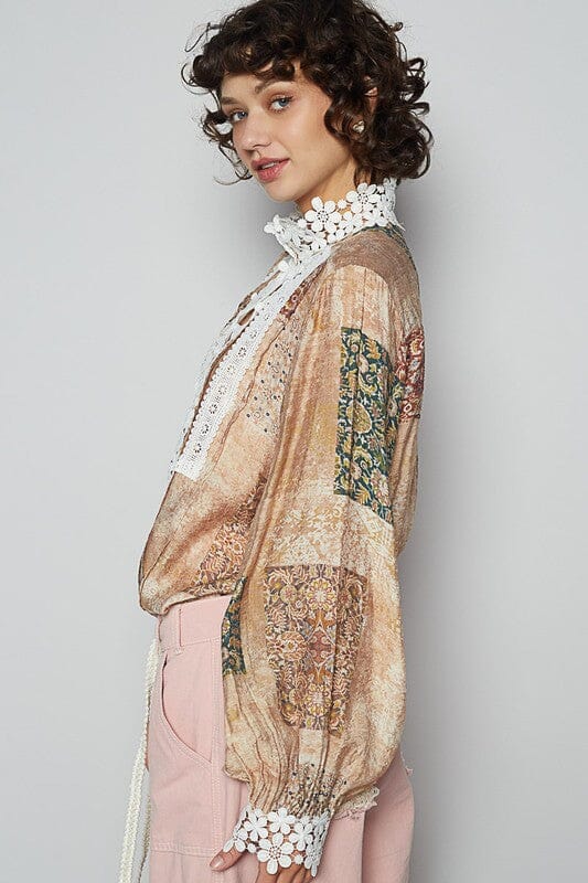 POL Lace Detail Printed Button Down Shirt - Sydney So Sweet