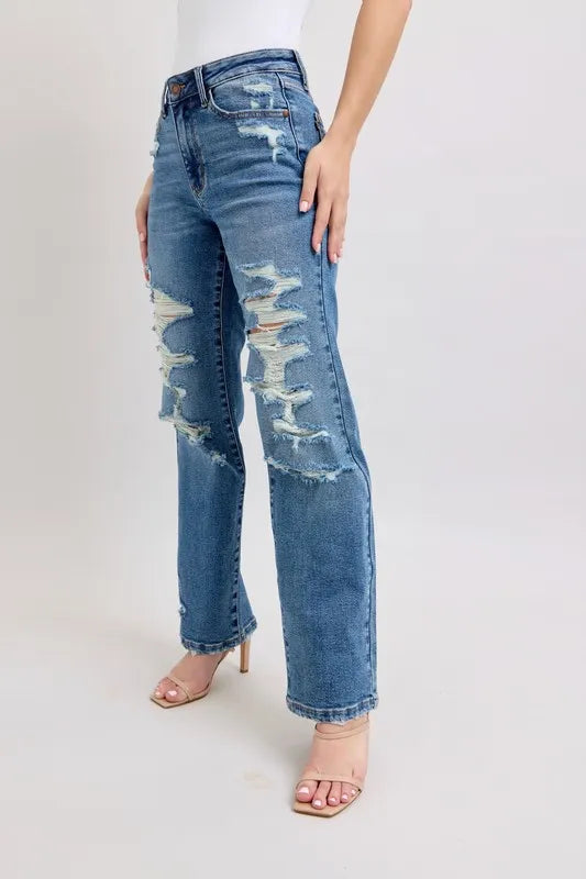 Judy Blue Full Size High Waist Heavy Destroy Straight Jeans Plus Size - Sydney So Sweet